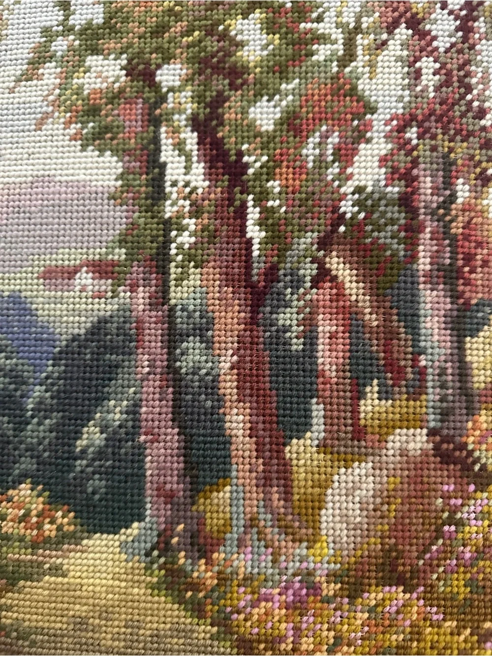 VINTAGE Handcrafted Needlepoint Forest Path Wall Art Brown and Green- 16” x 20”